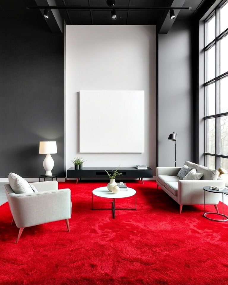 red carpet with gray walls and furniture - 20 Red Carpet Living Room Ideas