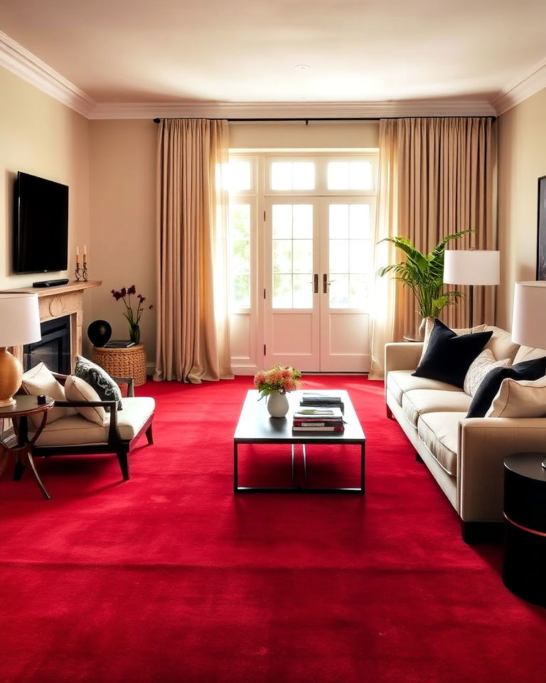 red carpet with neutral toned furniture - 20 Red Carpet Living Room Ideas