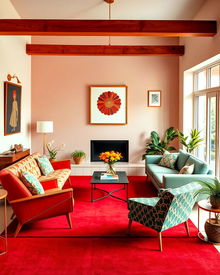 red carpet with retro themed living room - 20 Red Carpet Living Room Ideas