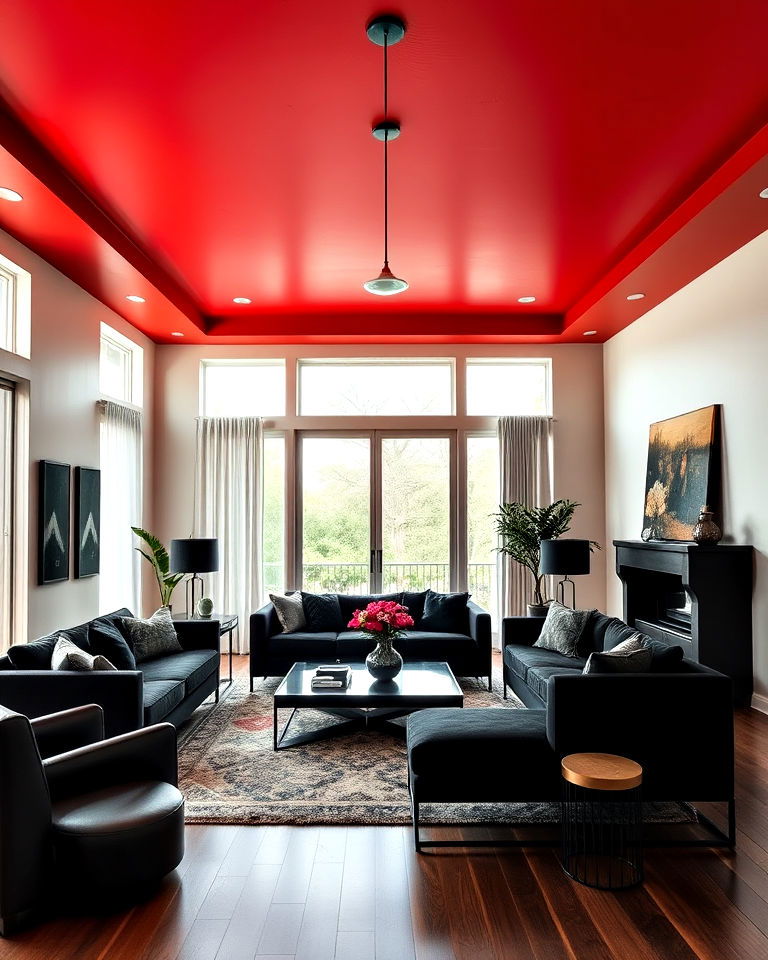 red ceiling and sleek black furniture - 25 Black and Red Living Room Ideas