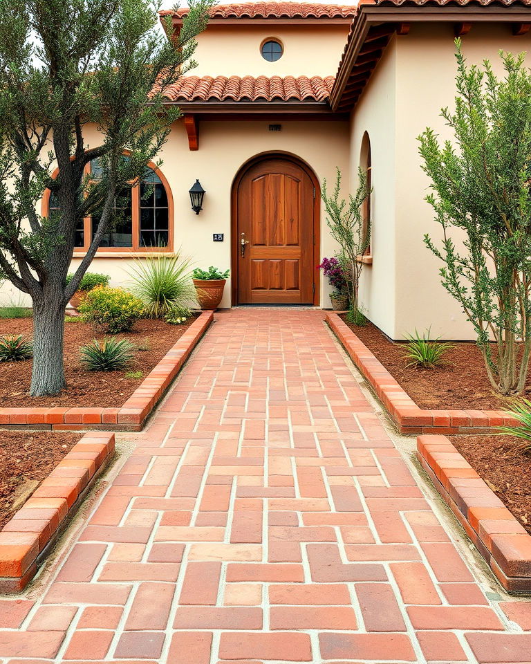 red clay brick pathway for spanish style exterior - 40 Spanish Style Home Exterior Ideas