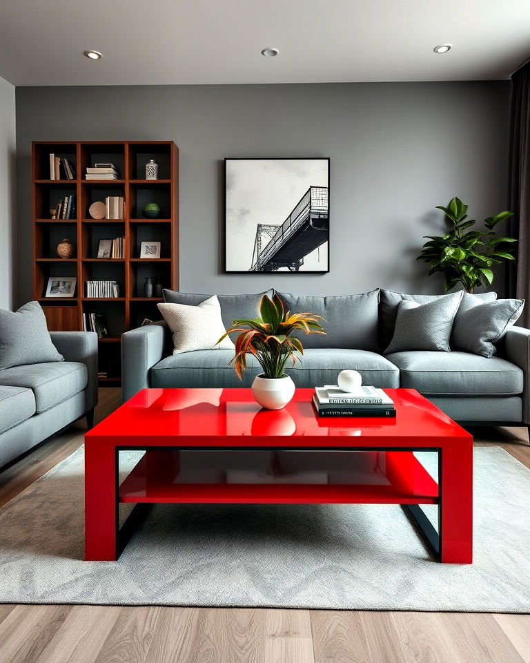 red coffee table and grey seating for living room - 25 Red and Grey Living Room Ideas