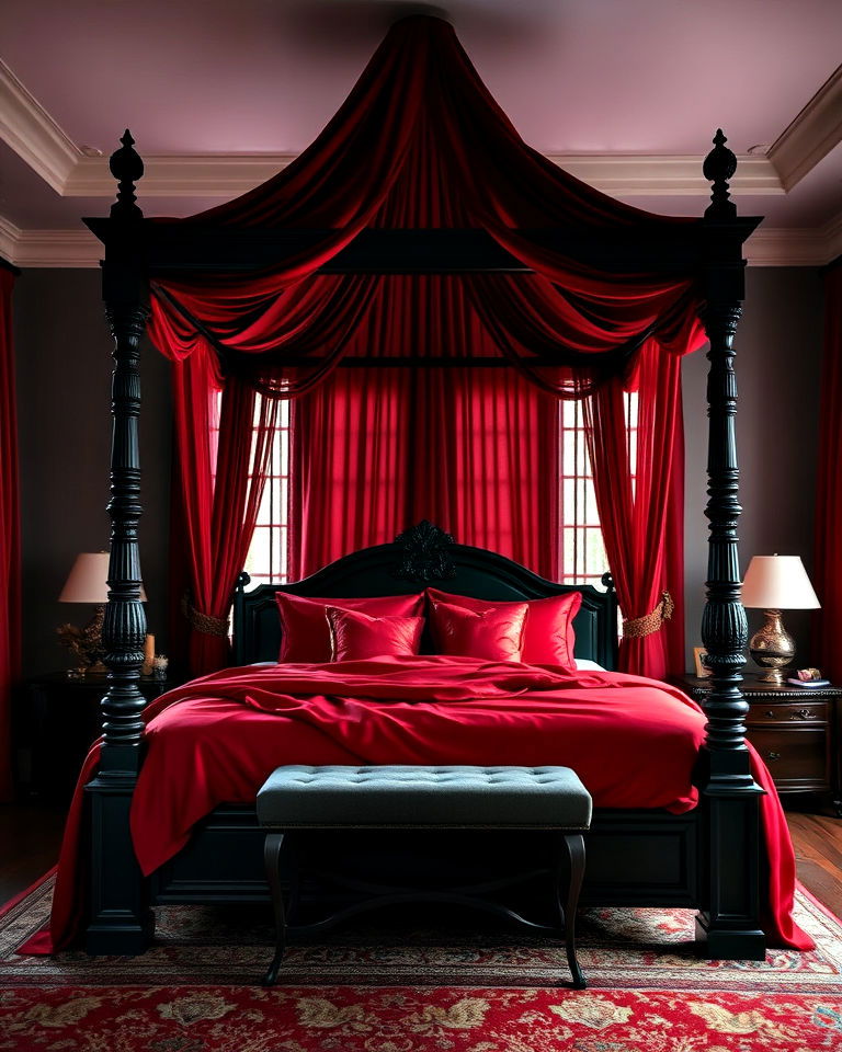 red drapes and black canopy bed - 25 Red and Black Bedroom Ideas