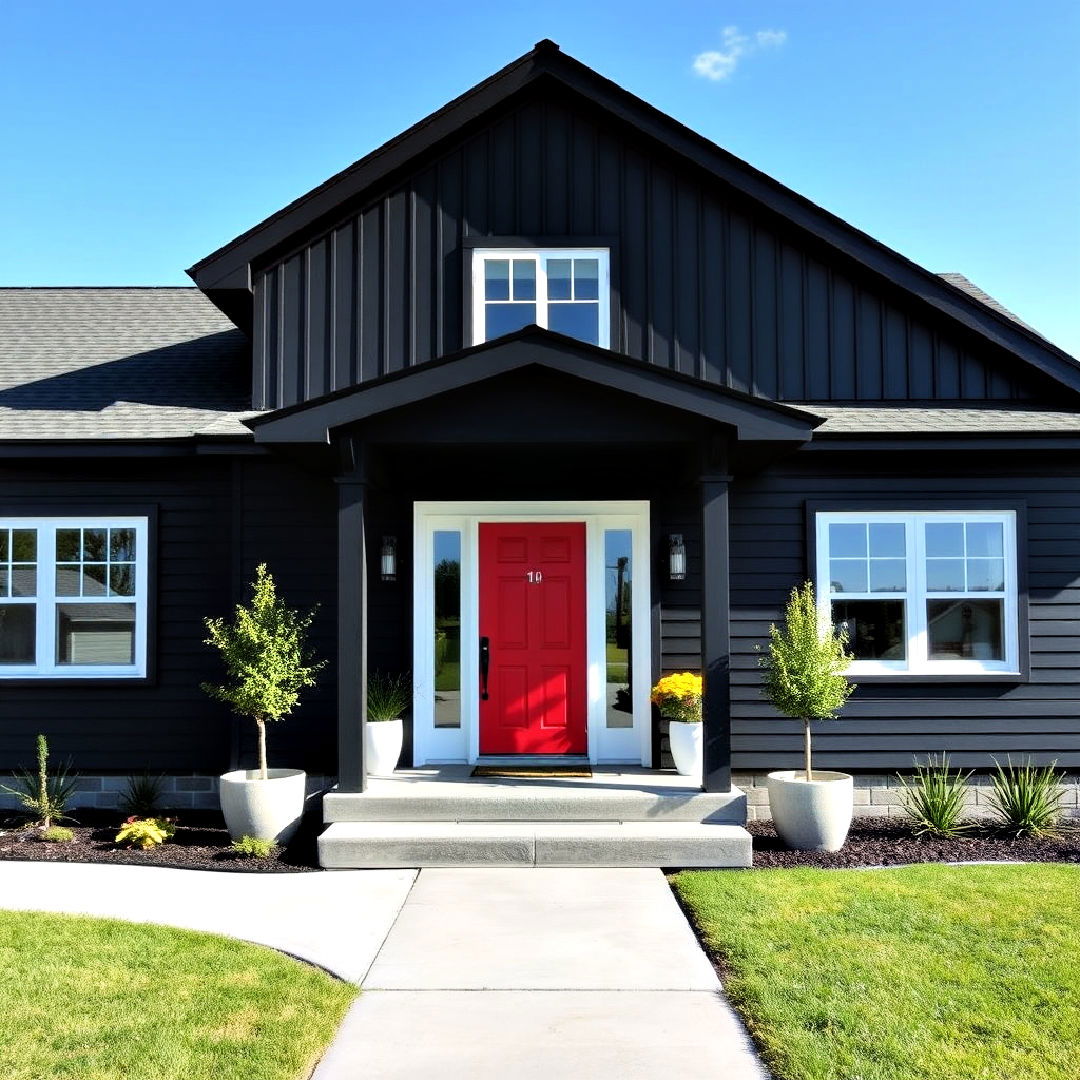red front door for black exterior farmhouse - 40 Black Modern Farmhouse Exterior Design Ideas