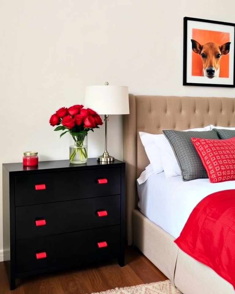 red handles on black dresser for bedroom - 25 Red and Black Bedroom Ideas
