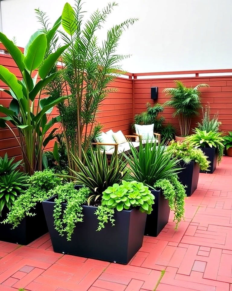 red paver patio surrounded by oversized planters - 20 Red Paver Patio Ideas