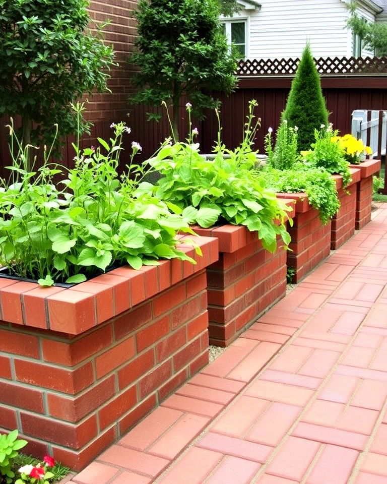 red paver patio with raised planters - 20 Red Paver Patio Ideas