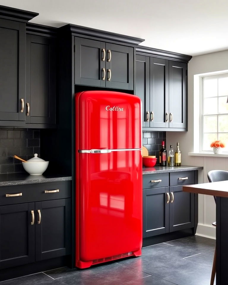 red refrigerator with black cabinets for kitchen - 25 Red and Black Kitchen Ideas