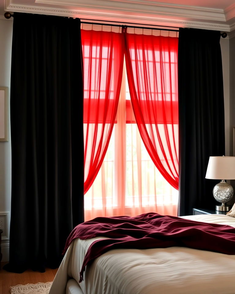 red sheer panels and black curtains for bedroom - 25 Red and Black Bedroom Ideas