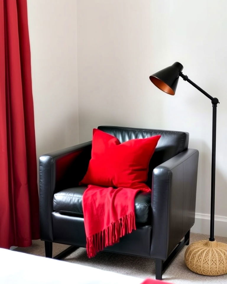 red throw pillow and black leather chair - 25 Red and Black Bedroom Ideas
