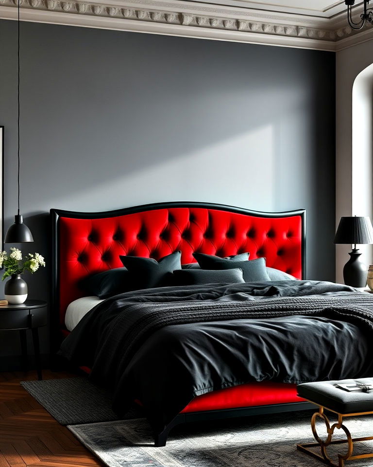 red velvet headboard with black bedframe - 25 Red and Black Bedroom Ideas