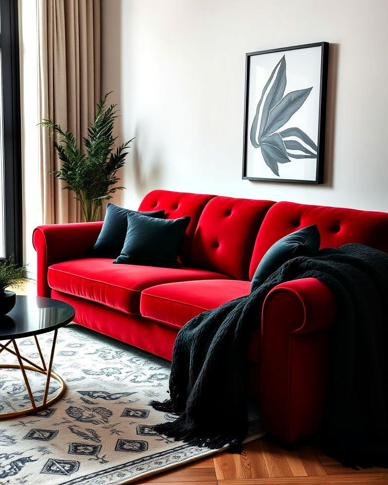 red velvet sofa and black throw blankets - 25 Black and Red Living Room Ideas