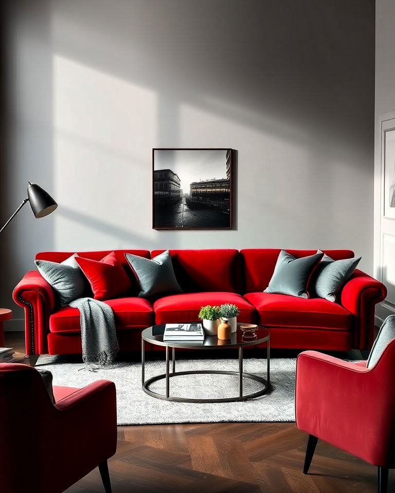 red velvet sofa and grey cushions - 25 Red and Grey Living Room Ideas