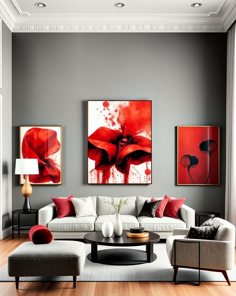 red wall art on grey walls - 25 Red and Grey Living Room Ideas