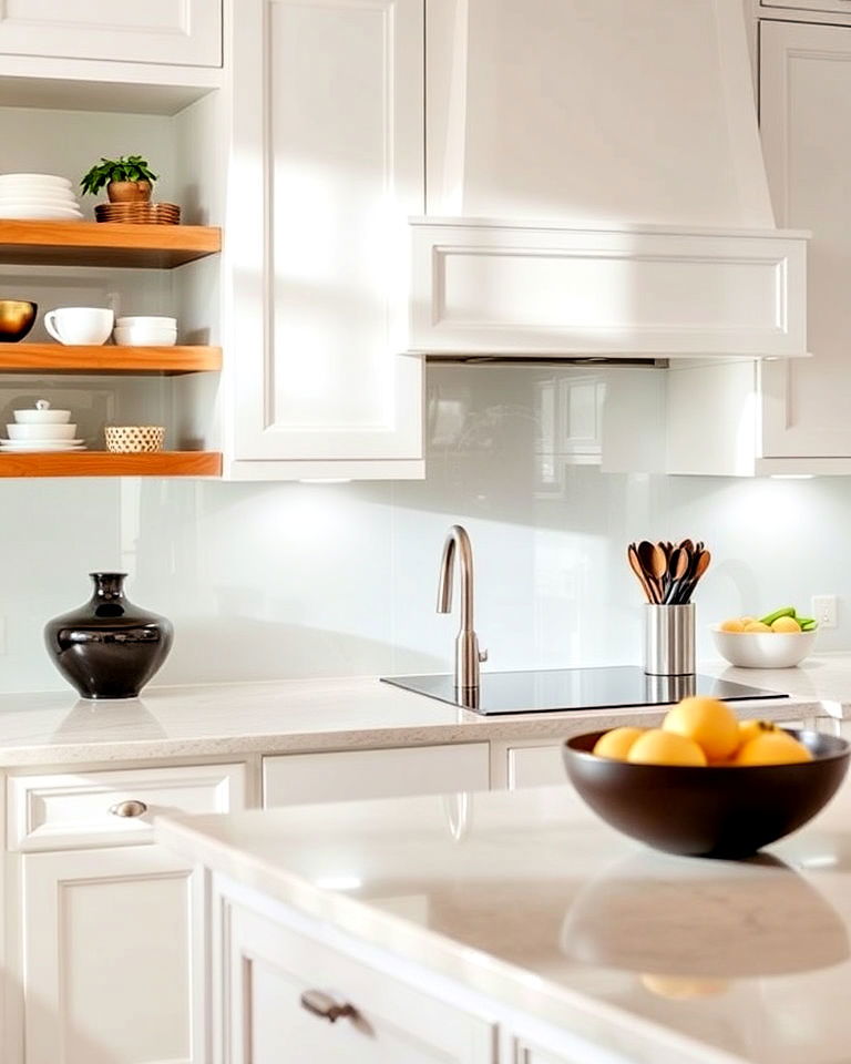 reflective sleek glass backsplash - 40 Kitchen Backsplash Ideas for White Cabinets