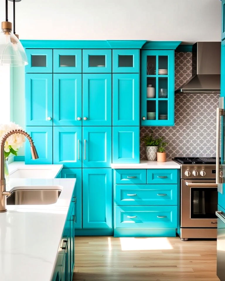 refreshing cool turquoise cabinets - 40 Kitchen Cabinet Color Ideas
