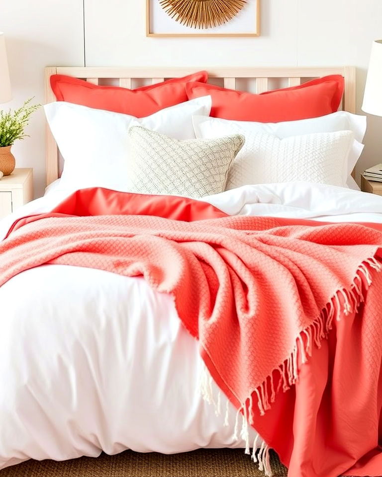 refreshing coral and white bedding - 25 Coral Bedroom Ideas