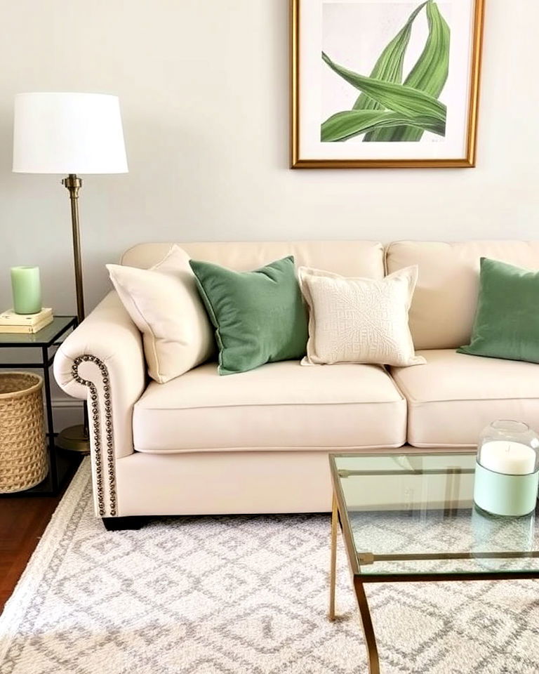 refreshing cream leather sofa with sage green accessories - 25 Sage Green and Cream Living Room Ideas