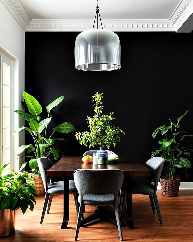 refreshing dark green plants for black accent wall - 20 Black Accent Wall Dining Room Ideas