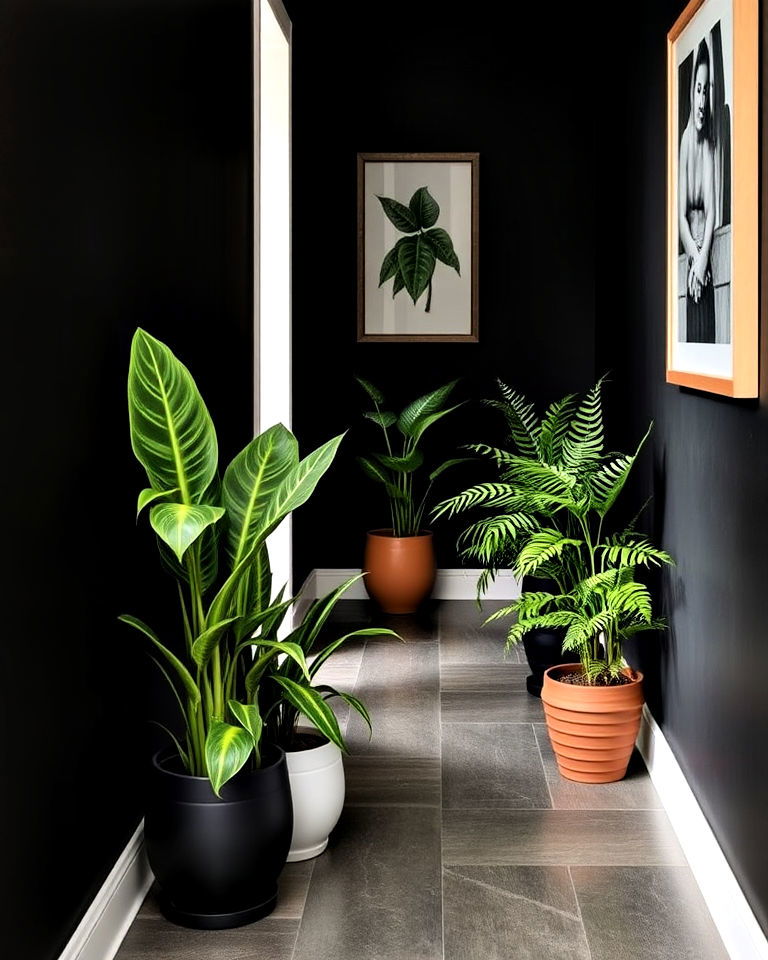 refreshing greenery for black hallway - 15 Black Hallway Ideas