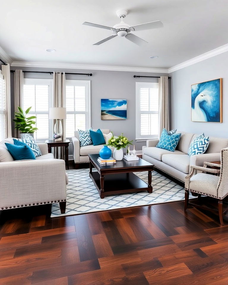 refreshing grey and blue accents - 20 Grey Living Room With Dark Wood Floors