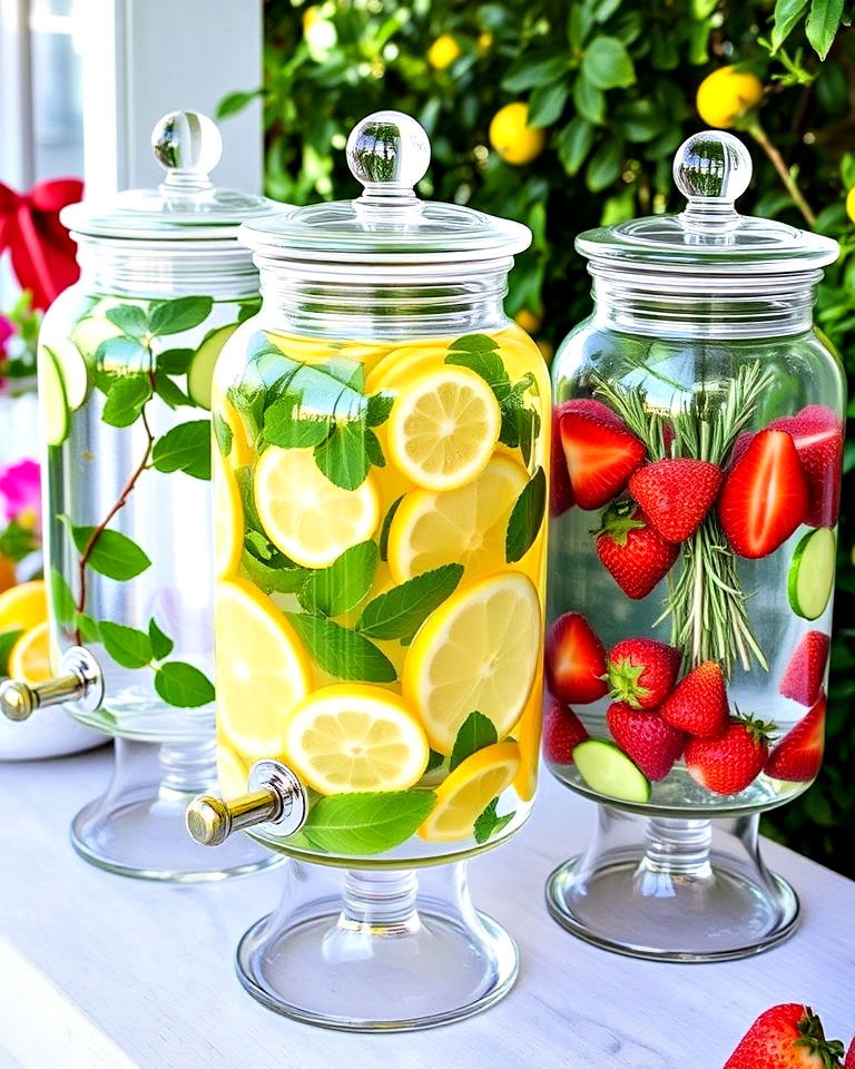 refreshing infused water station for garden party - 30 Garden Party Ideas