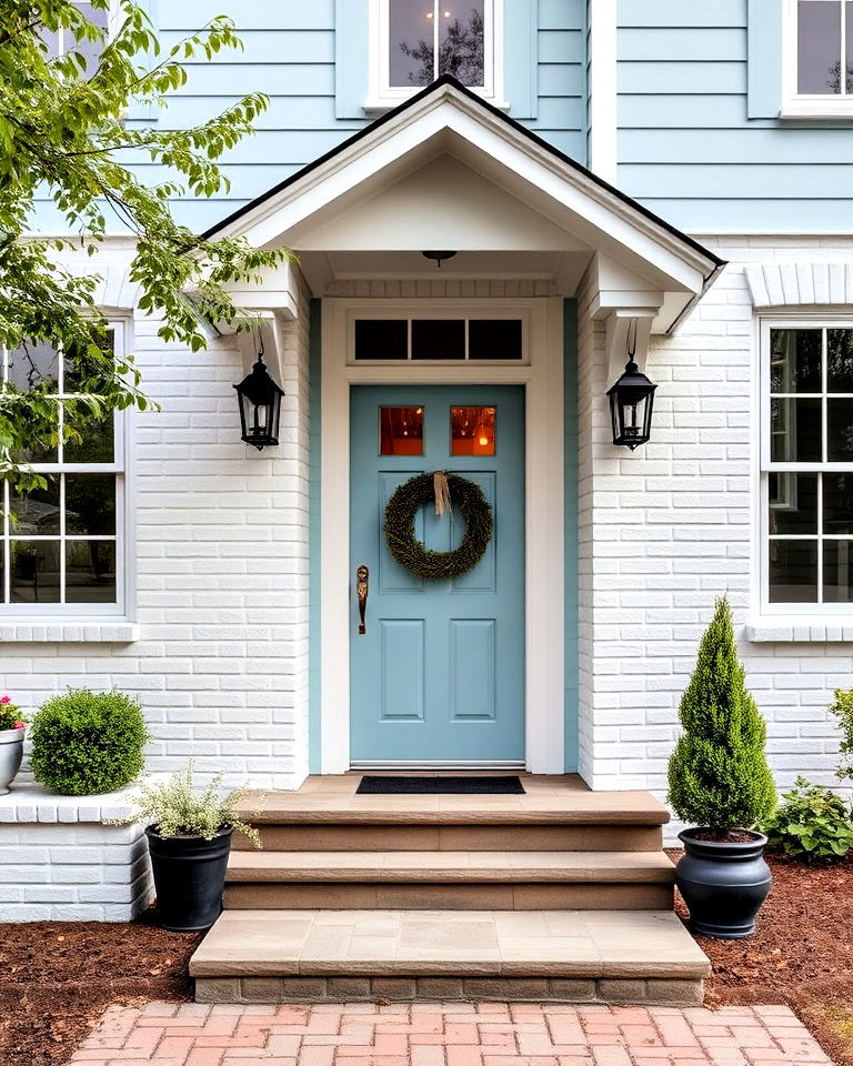 refreshing light blue house exterior with white brick - 25 Light Blue House Exterior Ideas