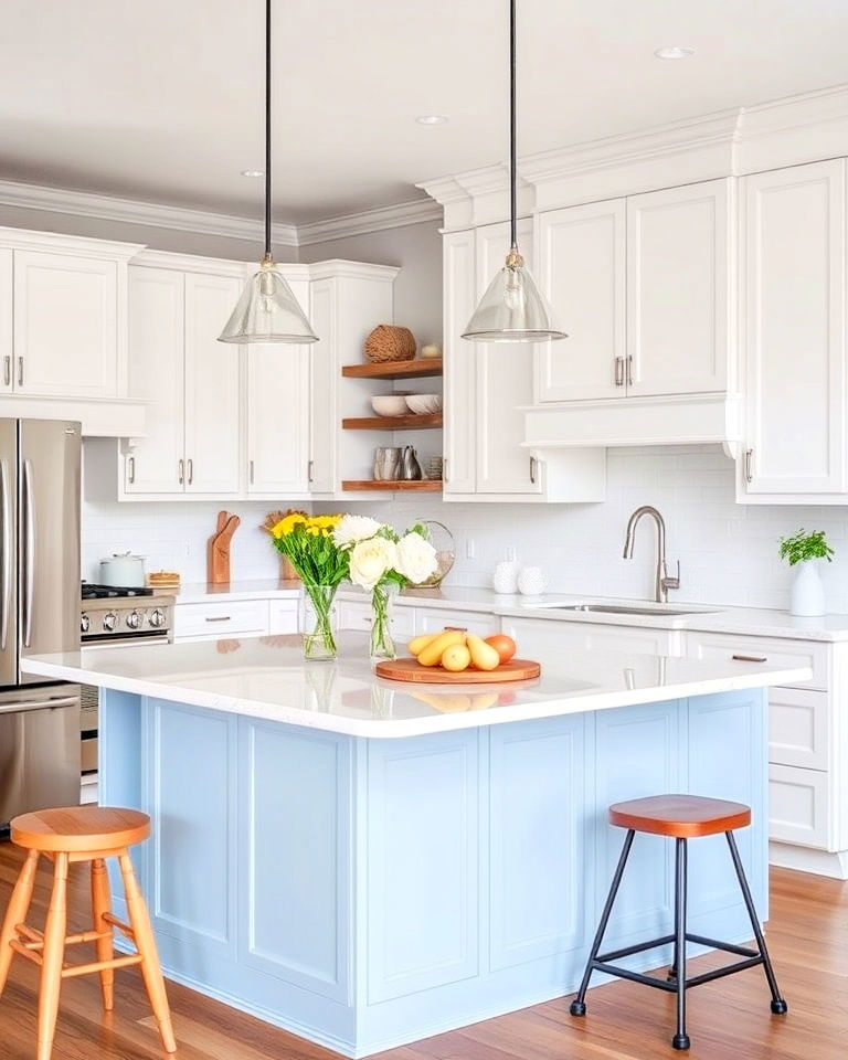 refreshing light blue island white cabinets - 30 White Kitchen Cabinets With Blue Island