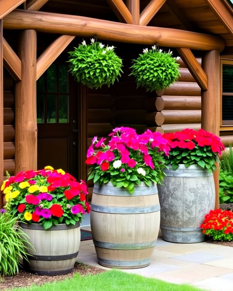 refreshing seasonal bloom planters - 25 Log Cabin Landscaping Ideas