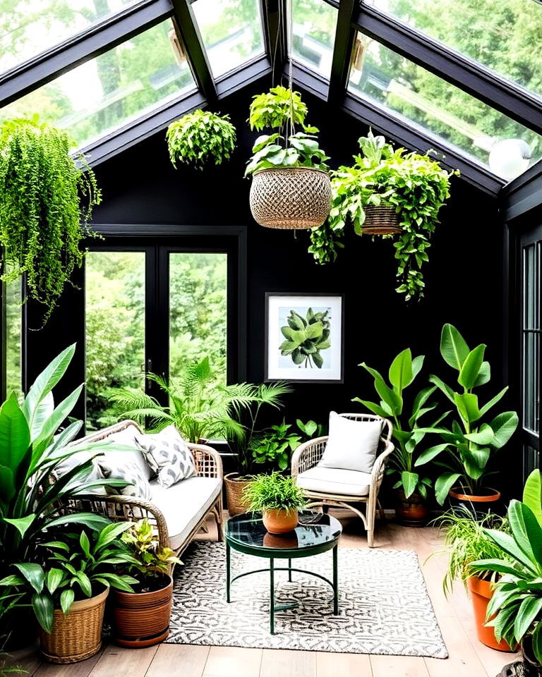 refreshing vib black sunroom with indoor plants - 20 Black Sunroom Ideas