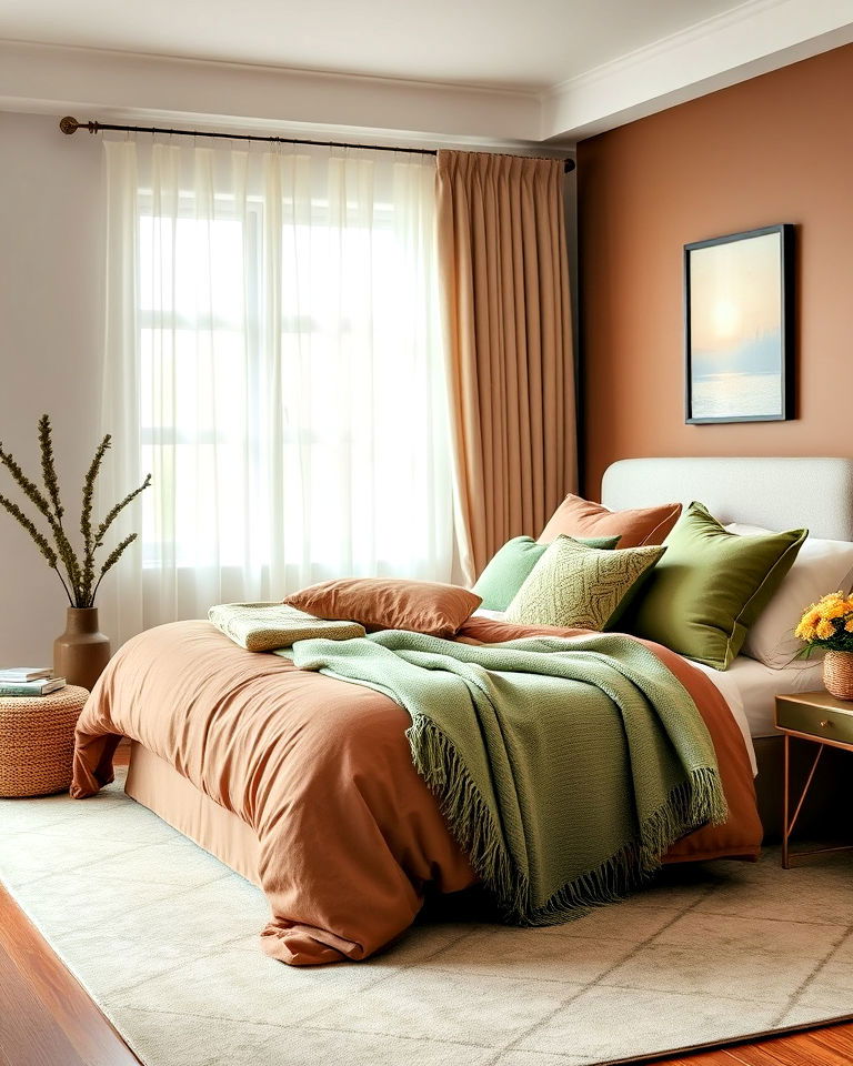 refreshing warm brown bedding with green accents - 20 Green and Brown Bedroom Ideas
