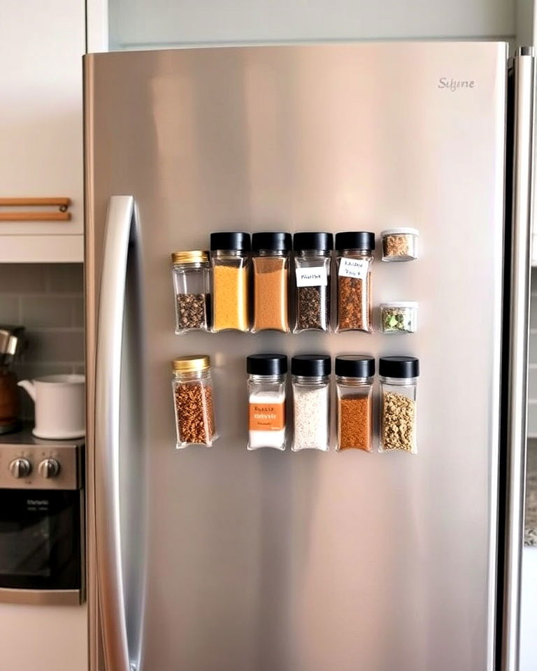 refrigerator with magnetic spice jars - 40 Spice Rack Ideas