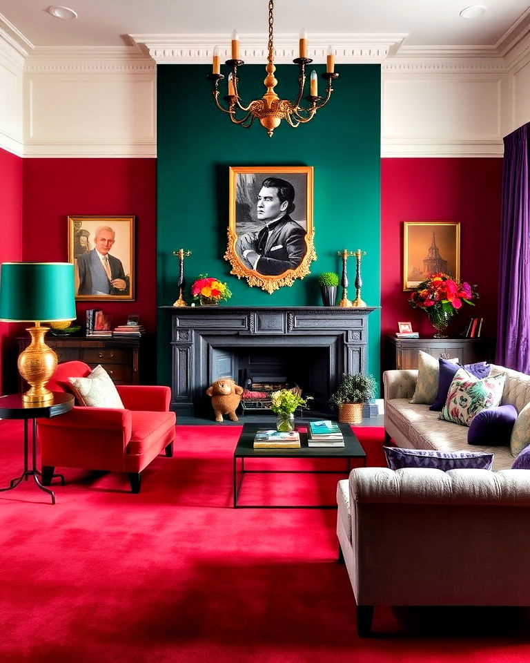 regal aesthetic red carpet with jewel tones - 20 Red Carpet Living Room Ideas