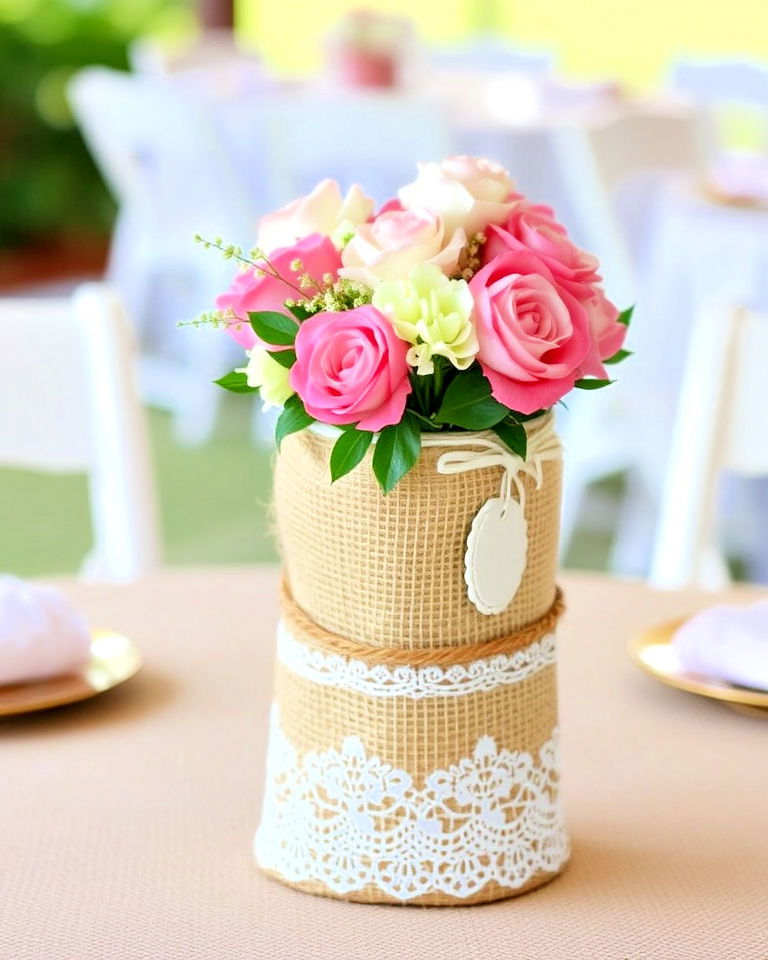 rehearsal dinner centerpiece with lace and burlap - 30 Rehearsal Dinner Centerpiece Ideas
