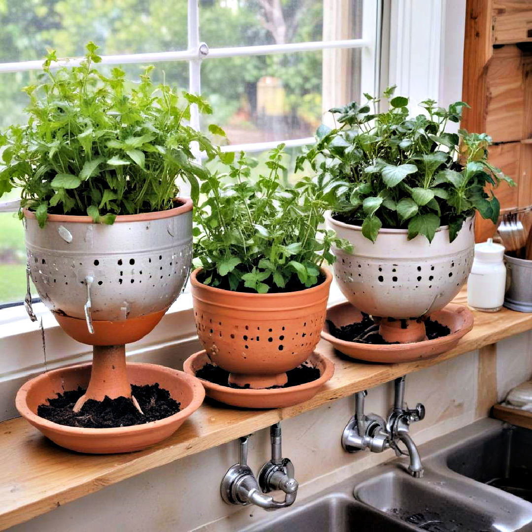 remodel kitchen colanders for holding plants - 40 Container Garden Ideas
