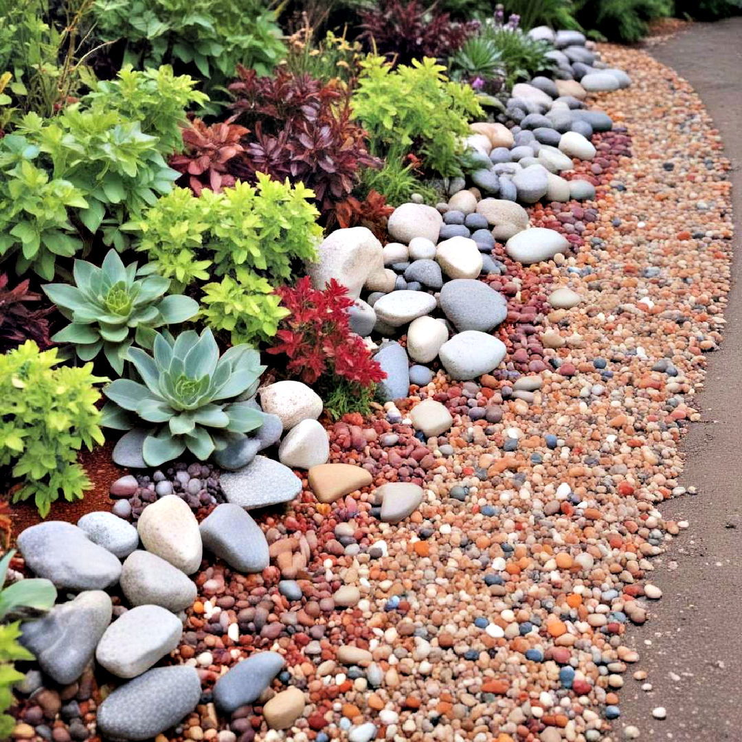 replace mulch with low maintenance colorful gravel - 40 Front Yard Landscaping Ideas