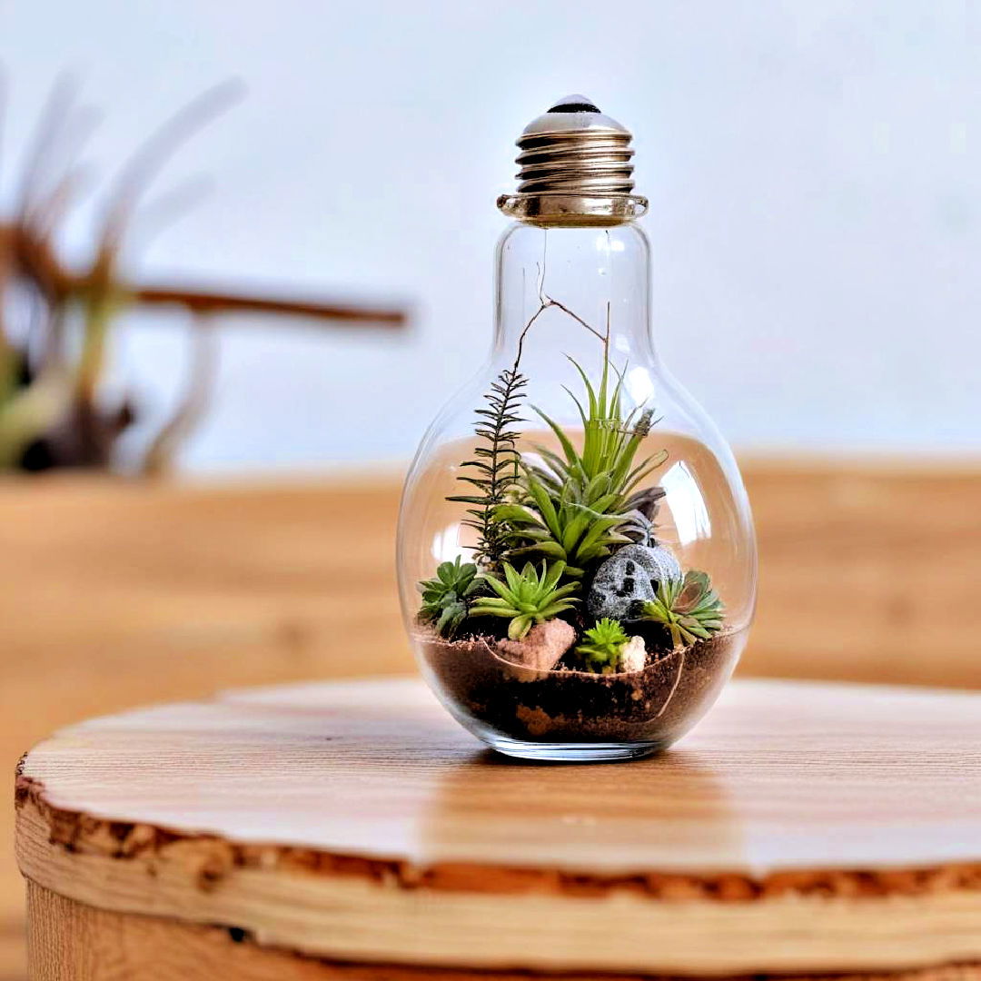 repurpose an old light bulb into a chic mini terrarium - 40 Terrarium Ideas