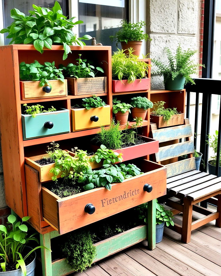 repurpose old furniture as planters - 20 Balcony Herb Garden Ideas