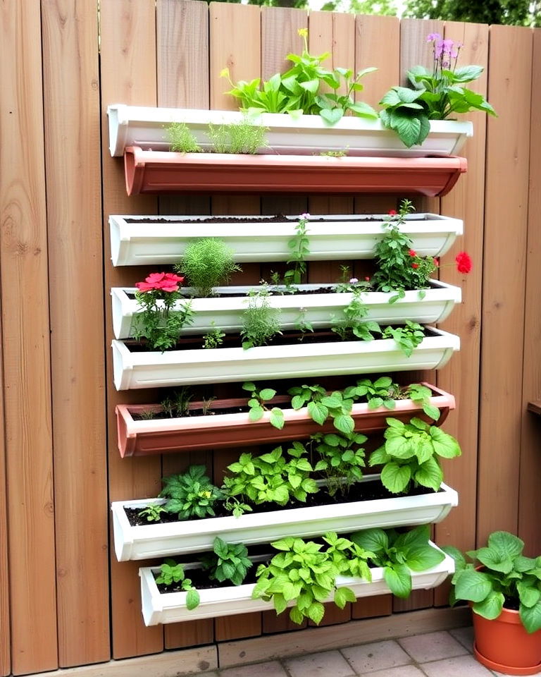 repurpose rain gutters as unique planters - 40 Vertical Garden Ideas