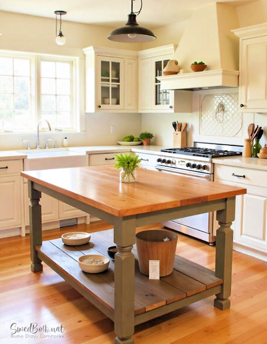 repurpose rustic wooden table as an island - 20 Primitive Kitchen Ideas