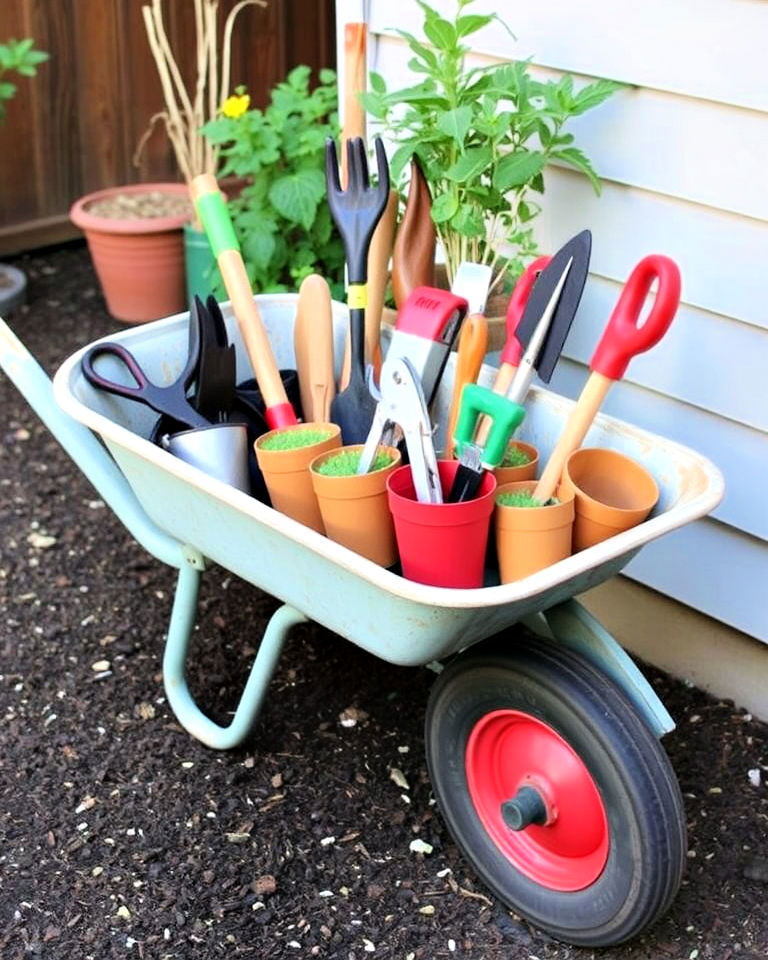 repurpose the wheelbarrow as garden tool organizer - 25 Old Wheelbarrow Ideas