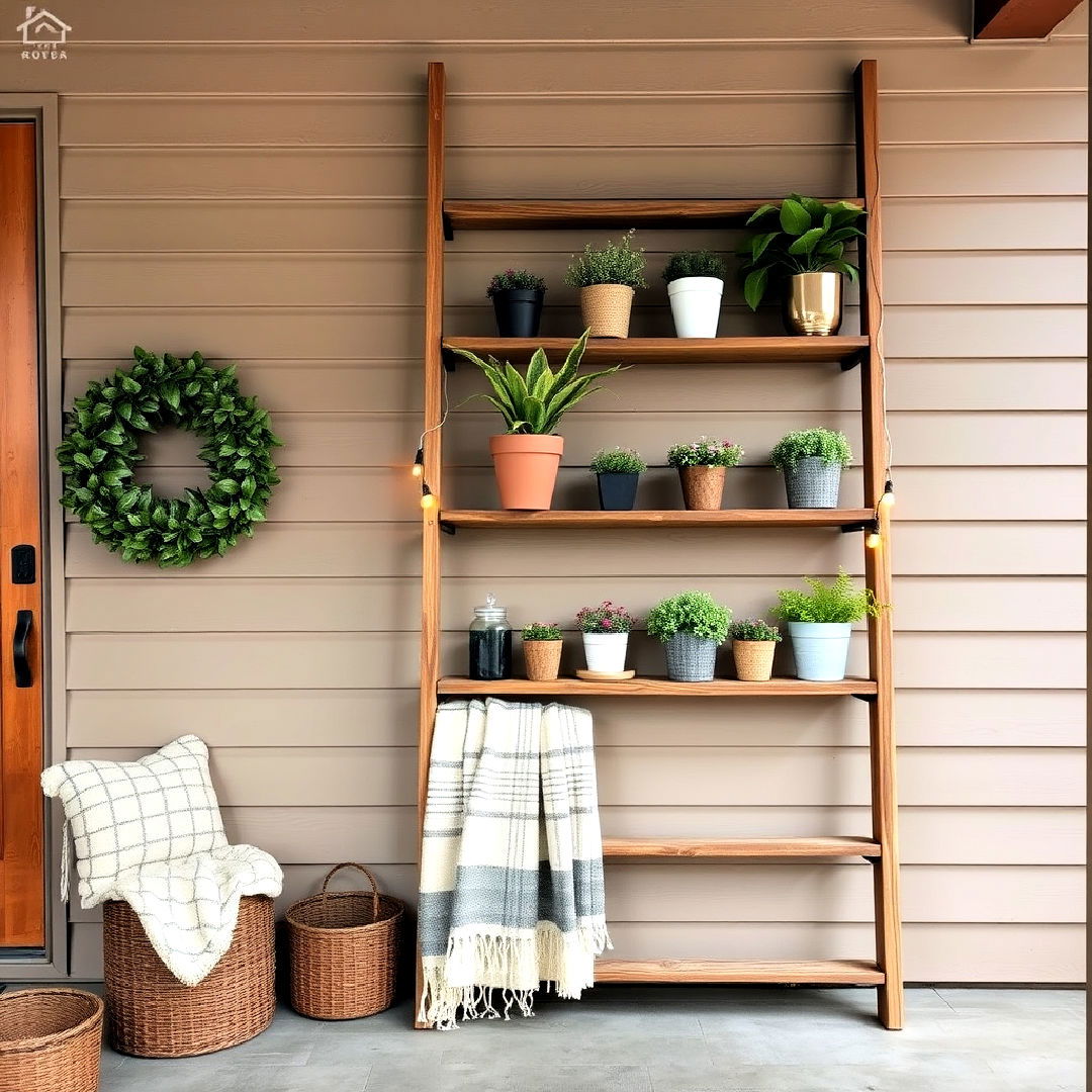 repurpose wooden ladder as rustic display - 25 Rustic Front Porch Ideas