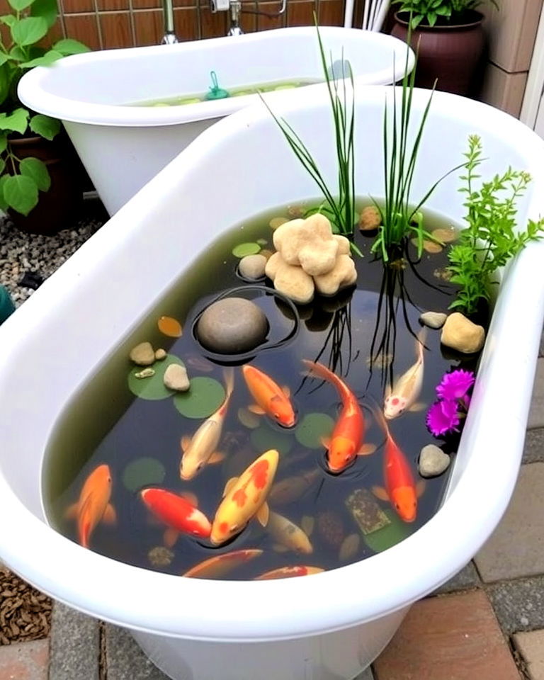 repurposed bathtub fish pond - 15 Container Fish Pond Ideas