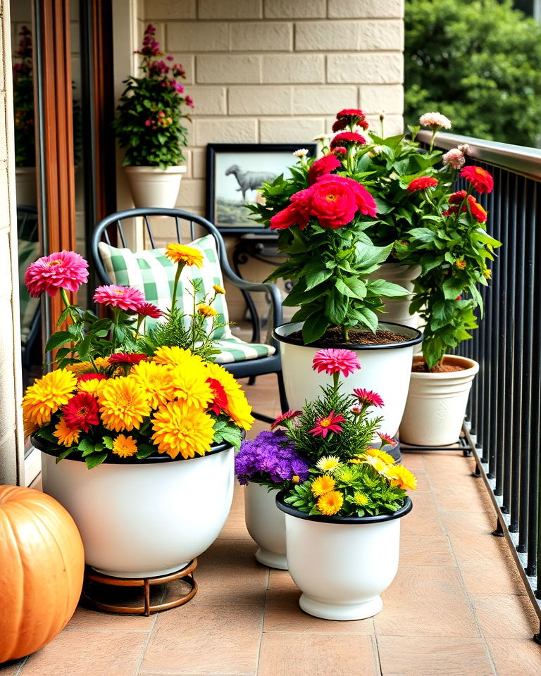 repurposed enamelware planters - 40 Fall Planter Ideas