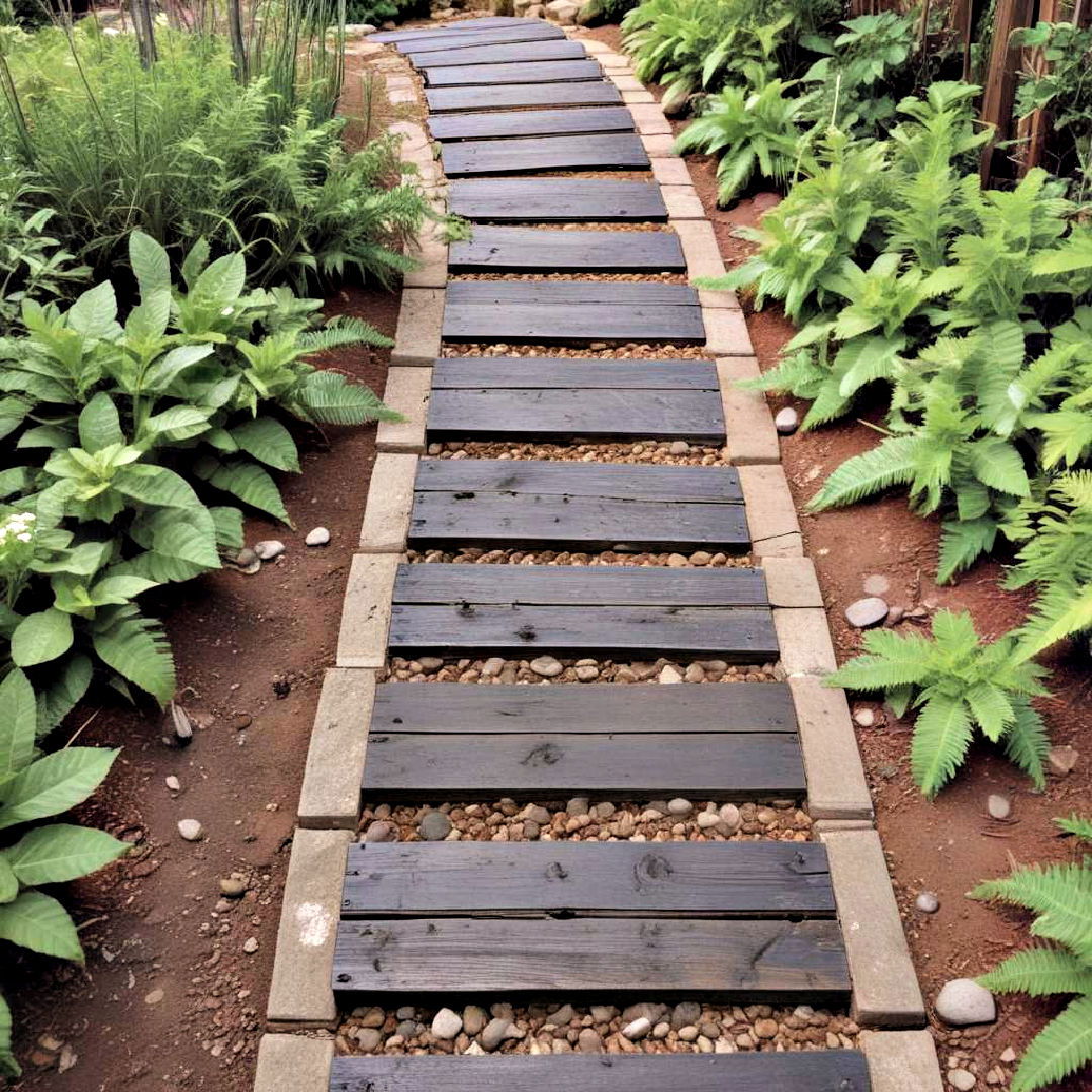 repurposed railway ties as pathway - 40 Backyard Walkway Ideas