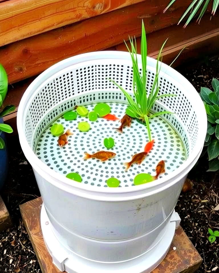 repurposed washing machine drum pond - 15 Container Fish Pond Ideas