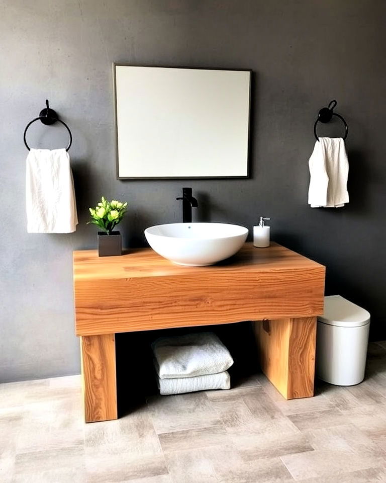repurposed wood beam vanity design - 15 Rustic Bathroom Vanity Ideas