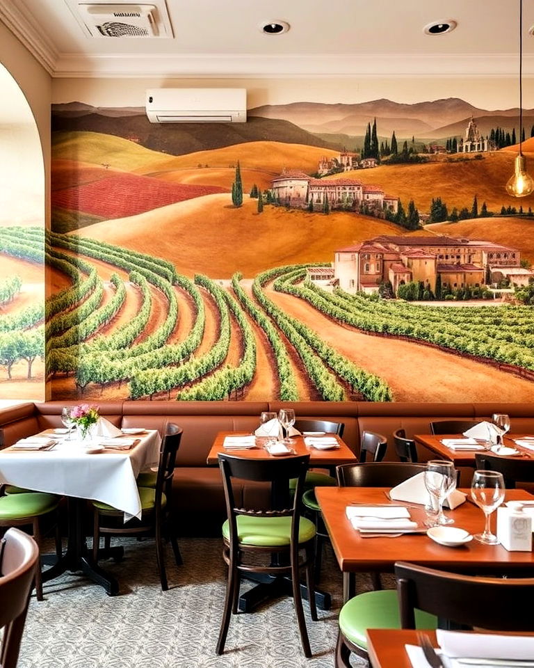 restaurant with tuscan inspired wall murals - 20 Italian Restaurant Decor Ideas