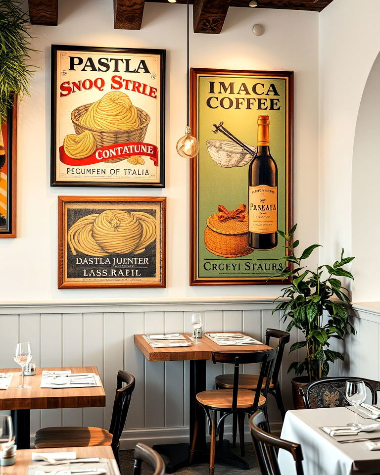 restaurant with vintage italian posters - 20 Italian Restaurant Decor Ideas