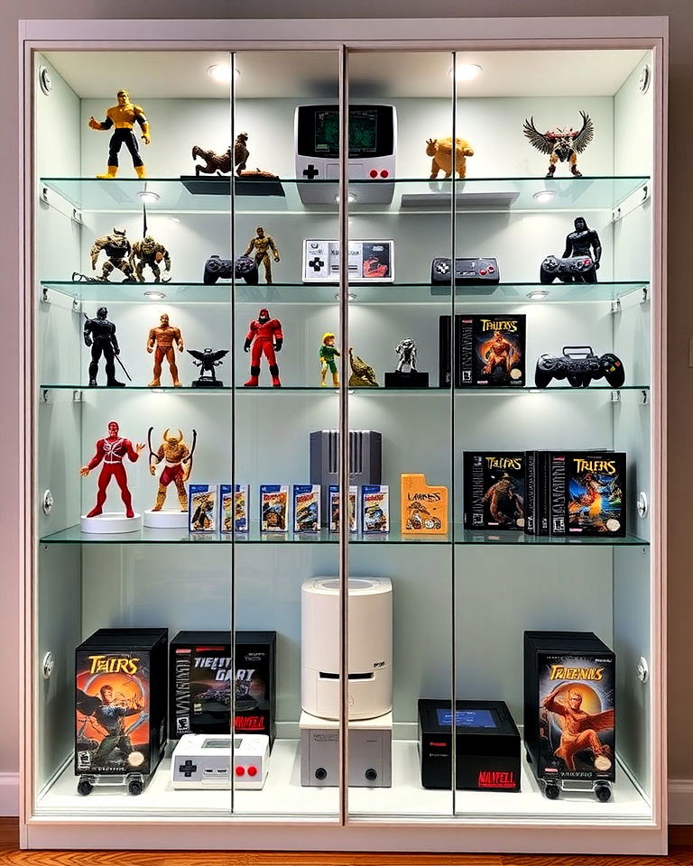 retro game room with glass display cabinets - 30 Retro Game Room Ideas